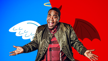 A photo of Tracy Morgan with angel wings and a halo on his left half and devil horns, wings and tail on his right.